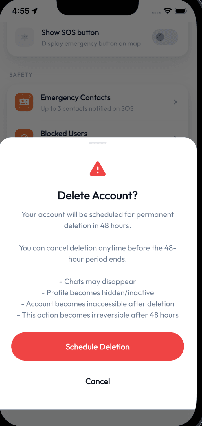 Chatjon Delete Account confirmation sheet with Schedule Deletion button