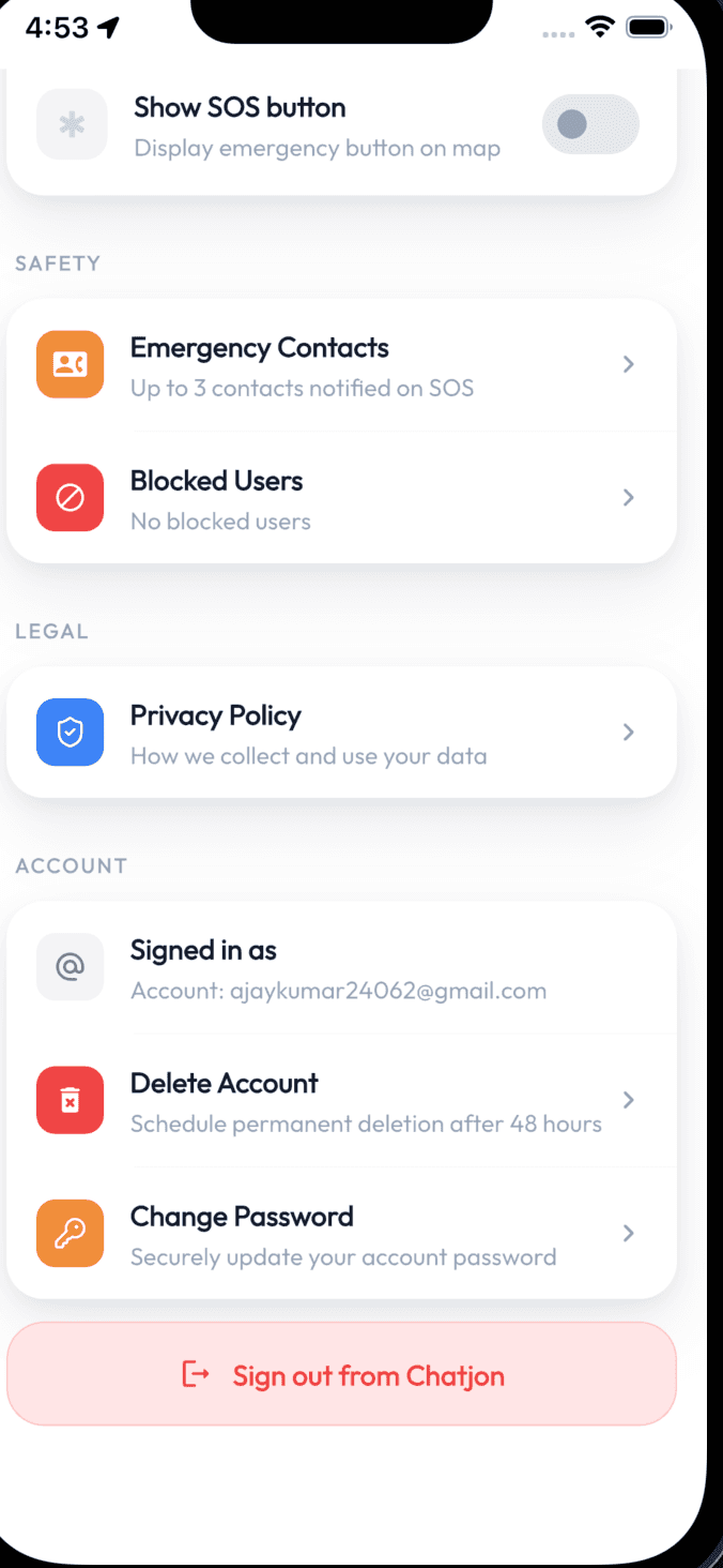 Chatjon Settings Account section with Delete Account option