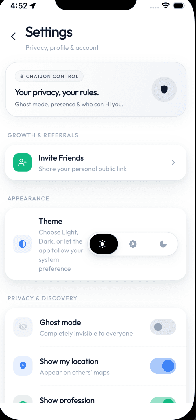 Chatjon Settings page with privacy and discovery options
